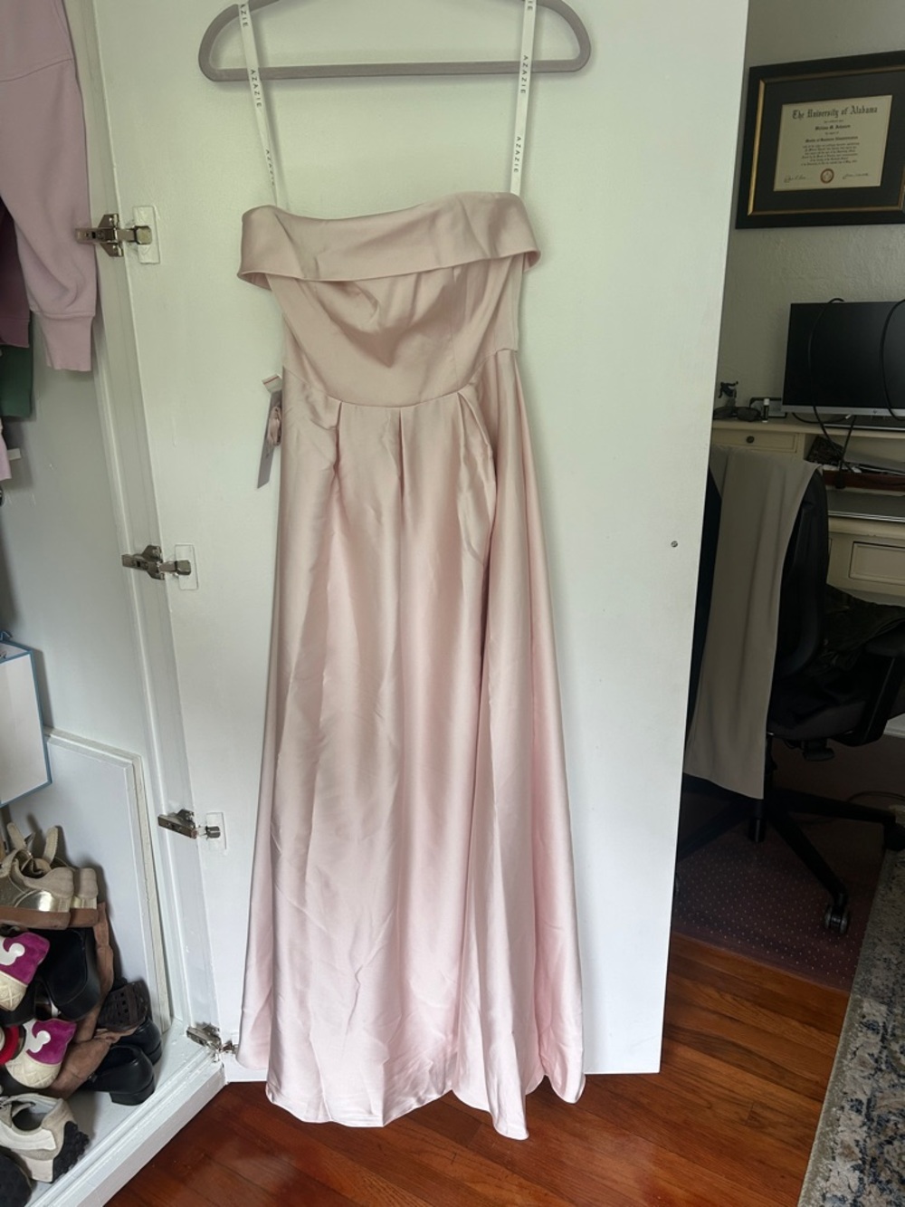 NWT Azazie Blush Pink Strapless Satin Evening Gown size A4